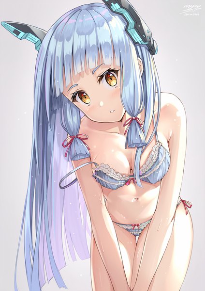 Anime picture 867x1227 with kantai collection murakumo destroyer rin yuu single long hair tall image looking at viewer breasts light erotic yellow eyes blue hair underwear only tress ribbon girl navel hair ornament underwear panties ribbon (ribbons) hair ribbon