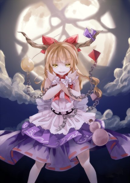 Anime picture 1000x1400 with touhou ibuki suika single tall image blonde hair smile standing yellow eyes sky cloud (clouds) horn (horns) pale skin broken girl dress bow hair bow moon chain