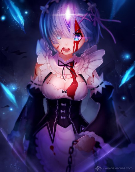 Anime picture 900x1142 with re:zero kara hajimeru isekai seikatsu white fox rem (re:zero) jurrig single tall image looking at viewer fringe short hair open mouth blue eyes holding signed cleavage purple hair blunt bangs horn (horns) hair over one eye wide sleeves maid