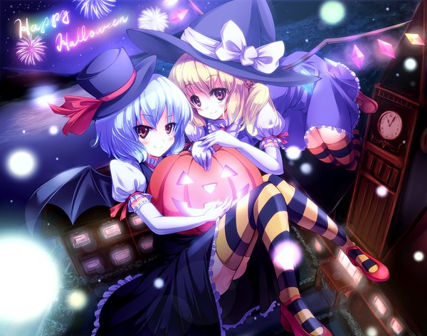 Anime picture 1269x1000 with touhou flandre scarlet remilia scarlet ryosios short hair blonde hair red eyes multiple girls blue hair night loli halloween bat wings witch happy halloween girl thighhighs 2 girls wings witch hat