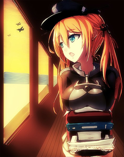 Anime picture 800x1013 with kantai collection prinz eugen (kantai collection) maye dou single long hair tall image fringe breasts open mouth blue eyes light erotic blonde hair large breasts twintails looking away pleated skirt sunlight sunbeam girl skirt