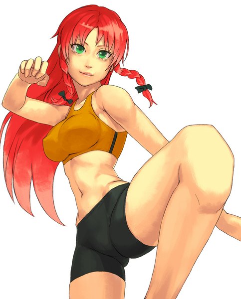 Anime picture 806x1001 with touhou hong meiling yuuji (and) single long hair tall image looking at viewer simple background white background green eyes red hair braid (braids) twin braids leg lift (legs lift) fighting stance girl navel uniform shorts short shorts