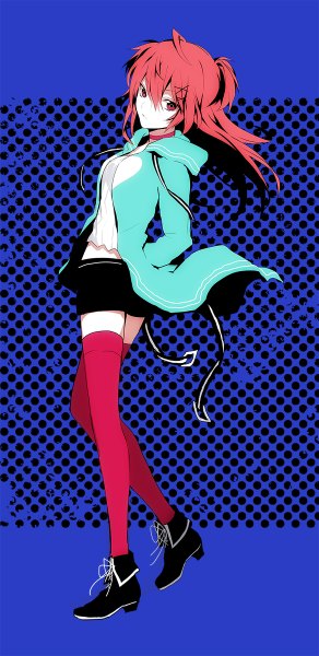 Anime picture 584x1200 with vocaloid nanase kanon arisaka ako single long hair tall image looking at viewer fringe simple background hair between eyes red eyes standing payot full body red hair zettai ryouiki floating hair hands in pockets purple background girl