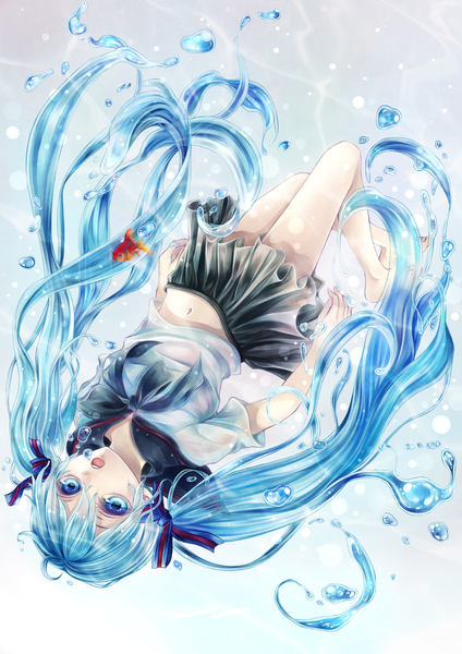 Anime picture 1000x1414 with vocaloid hatsune miku bottle miku shio (blacksio) single tall image open mouth blue eyes twintails very long hair barefoot aqua hair legs liquid hair girl skirt bow hair bow miniskirt serafuku