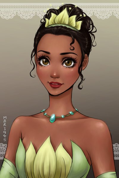 Anime picture 2000x3000 with the princess and the frog disney tiana (the princess and the frog) mari945 single long hair tall image blush highres black hair simple background smile bare shoulders brown eyes signed looking away parted lips lips grey background lipstick