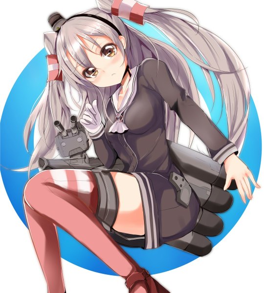 Anime picture 1127x1252 with kantai collection amatsukaze destroyer rensouhou-kun velia (artist) single long hair tall image looking at viewer blush brown eyes silver hair two side up girl thighhighs hair ornament weapon hat hair tubes sailor suit mini hat