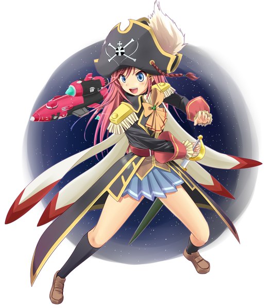 Anime picture 1800x2000 with miniskirt pirates katou marika tenjou ryuka long hair tall image blush highres open mouth blue eyes pink hair girl skirt weapon hat miniskirt sword socks black socks