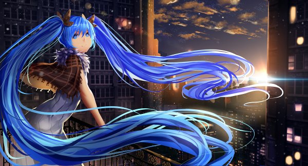 Anime picture 1200x650 with vocaloid hatsune miku xiaoshou xiansheng single looking at viewer fringe blue eyes smile wide image standing twintails blue hair sky cloud (clouds) very long hair from above wind sunlight night leaning