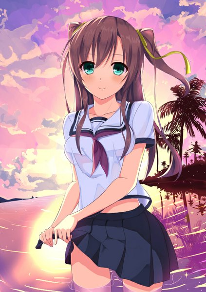 Anime picture 595x842 with original chuxue single long hair tall image blush fringe smile brown hair standing twintails sky cloud (clouds) pleated skirt aqua eyes sunlight wet reflection sunbeam girl