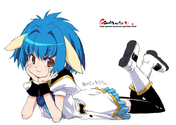 Anime picture 1030x736 with galaxy angel madhouse mint blancmanche onija taro single looking at viewer short hair simple background white background brown eyes blue hair full body lying puffy sleeves on stomach chin rest cute girl thighhighs black thighhighs