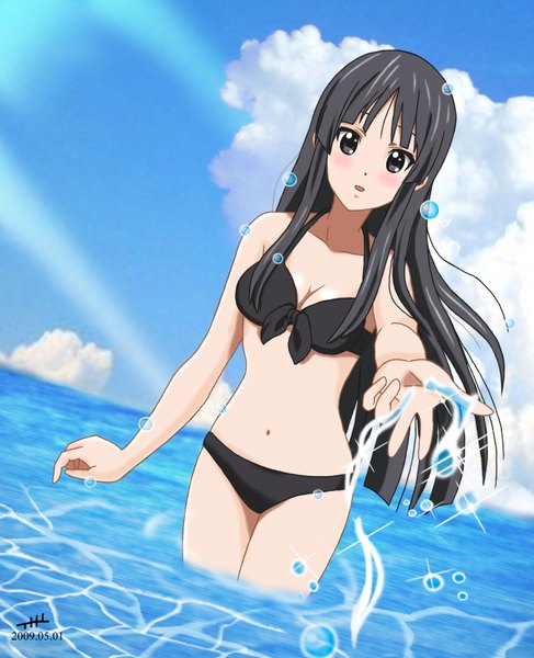 Anime picture 1300x1600 with k-on! kyoto animation akiyama mio nihility (artist) single long hair tall image blush black hair cloud (clouds) black eyes girl navel swimsuit bikini water black bikini