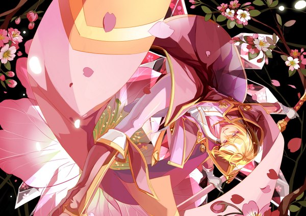 Anime picture 1810x1280 with blazblue jin kisaragi selenoring single highres short hair blonde hair pink eyes boy uniform flower (flowers) weapon petals sword
