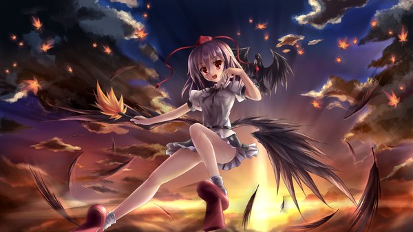 Anime picture 3200x1800 with touhou shameimaru aya zi se single blush highres short hair open mouth smile red eyes wide image absurdres purple hair cloud (clouds) girl animal wings bird (birds) leaf (leaves) fan