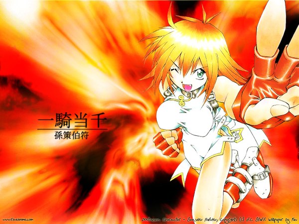Anime picture 1280x960 with ikkitousen sonsaku hakufu single short hair breasts light erotic large breasts teeth bare legs fang (fangs) chinese clothes skin tight girl dress boots fingerless gloves chinese dress fist