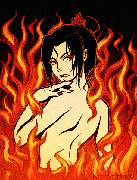 Anime picture 809x1067 with avatar: the last airbender nickelodeon azula k-y-h-u single tall image looking at viewer short hair light erotic black hair yellow eyes nail polish looking back nude back girl fire