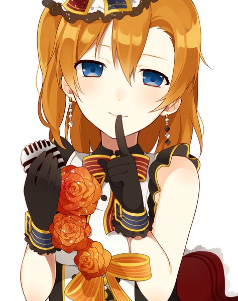Anime picture 1030x1304 with love live! school idol project sunrise (studio) love live! kousaka honoka chisumi single tall image looking at viewer blush short hair blue eyes simple background smile white background bare shoulders orange hair one side up finger to mouth girl gloves