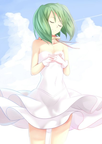 Anime picture 1000x1408 with macross macross frontier ranka lee koyaya (sorano) single tall image short hair bare shoulders sky cloud (clouds) eyes closed green hair wind wind lift girl dress gloves bow white dress strapless dress