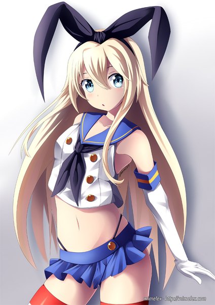Anime picture 640x905 with kantai collection shimakaze destroyer mimelex single long hair tall image blush fringe open mouth blue eyes light erotic blonde hair simple background hair between eyes signed looking away grey background bare belly girl thighhighs