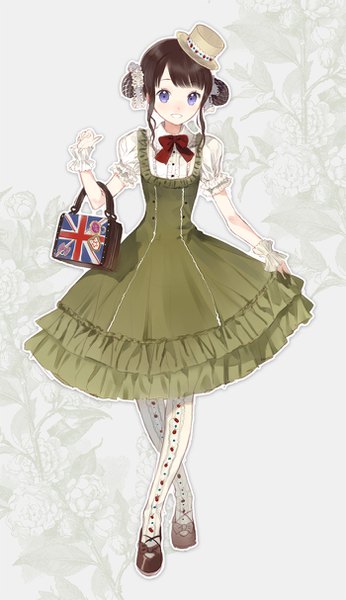 Anime picture 700x1214 with original macciatto (aciel02) single tall image fringe short hair black hair purple eyes full body parted lips grey background hair bun (hair buns) puffy sleeves frilled dress lolita fashion floral background crossed legs (standing) girl dress hat