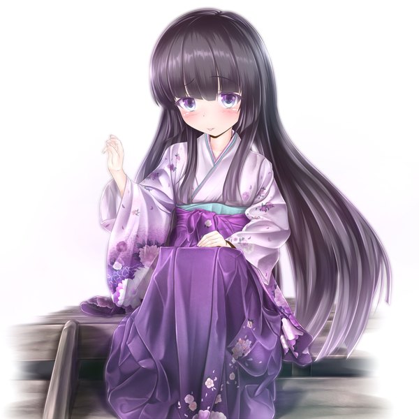 Anime picture 1800x1800 with original wingheart single long hair looking at viewer blush highres blue eyes black hair simple background white background sitting japanese clothes :p girl flower (flowers) kimono