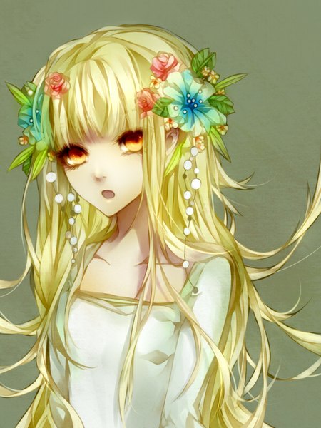 Anime picture 600x800 with original matsunaka hiro single long hair tall image looking at viewer open mouth simple background blonde hair hair flower orange eyes girl hair ornament flower (flowers) leaf (leaves)