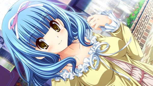 Anime picture 1280x720 with ren'ai kateikyoushi rurumi coordinate! (game) takaoka chieri suzui narumi short hair wide image yellow eyes blue hair game cg girl dress