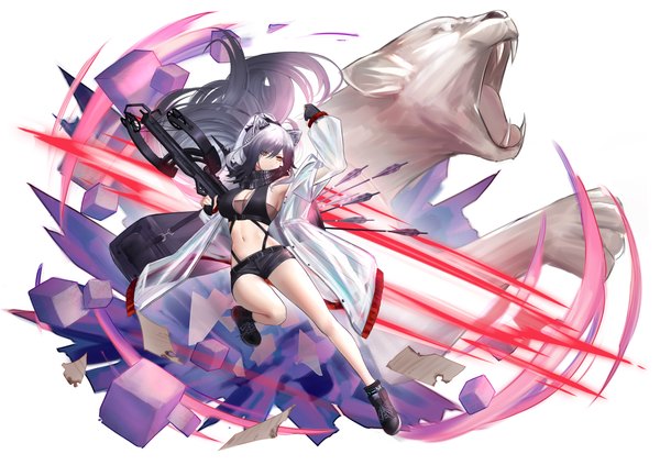 Anime picture 2839x2000 with arknights schwarz (arknights) eternity (shadeh) single long hair looking at viewer fringe highres breasts light erotic simple background white background holding animal ears yellow eyes full body bent knee (knees) ponytail arm up hair over one eye