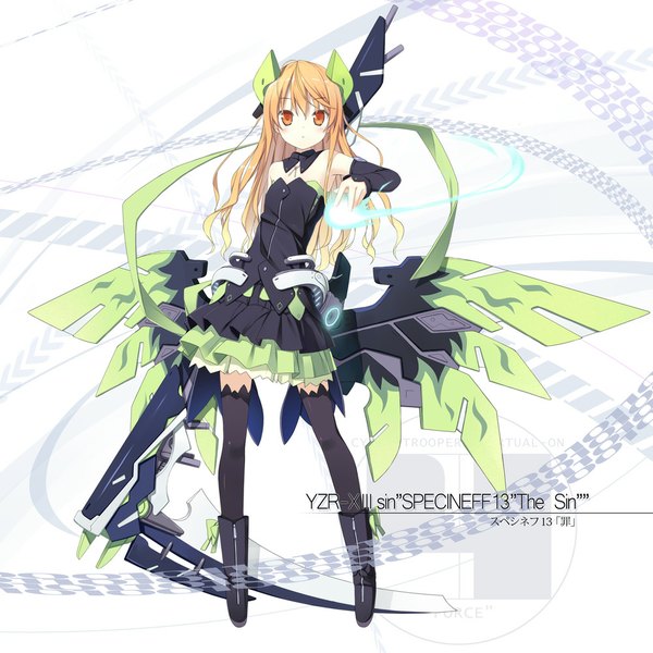 Anime picture 1000x1000 with virtual on poco (asahi age) single long hair blonde hair orange eyes mecha musume mechanical wings girl thighhighs dress weapon black thighhighs detached sleeves