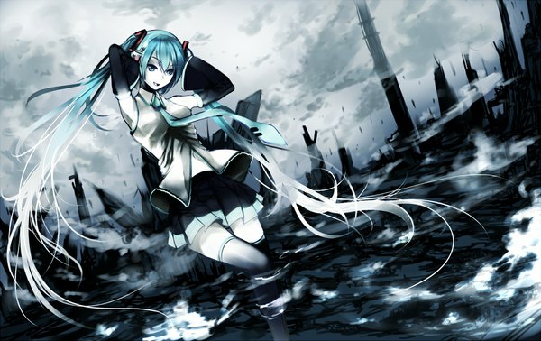Anime picture 1184x747 with vocaloid hatsune miku tagme (artist) single fringe open mouth standing twintails looking away sky very long hair pleated skirt multicolored hair wide sleeves two-tone hair gradient hair hands behind back pale skin girl skirt