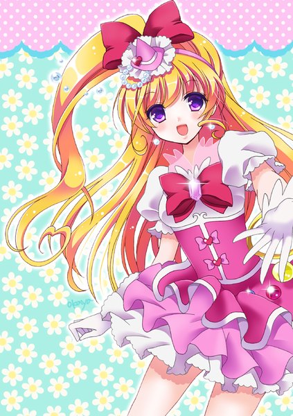 Anime picture 614x870 with precure mahou girls precure! toei animation asahina mirai cure miracle okayashi single long hair tall image looking at viewer blush fringe open mouth blonde hair purple eyes signed ponytail :d puffy sleeves polka dot