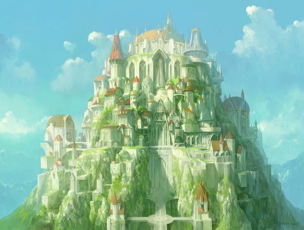Anime picture 1273x965 with original paperblue city landscape castle