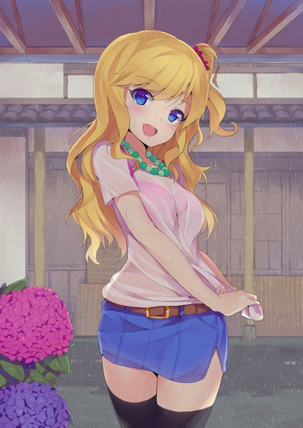 Anime picture 1061x1500 with idolmaster cinderella girls ootsuki yui kuroito (snowflyer) single long hair tall image blush open mouth blue eyes blonde hair zettai ryouiki one side up rain wet clothes wringing clothes girl thighhighs skirt flower (flowers) black thighhighs