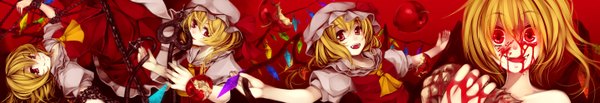 Anime picture 2866x496 with touhou flandre scarlet serizawa mutsuki looking at viewer short hair open mouth blonde hair smile red eyes wide image bare shoulders teeth fang (fangs) multiple persona girl dress hat wings blood chain