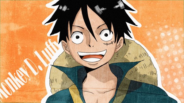 Anime picture 1500x843 with one piece toei animation monkey d. luffy yuminonami single looking at viewer short hair open mouth black hair smile wide image black eyes scar orange background boy hat