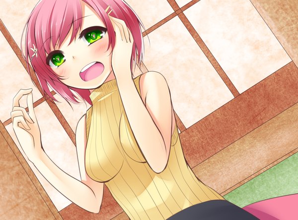 Anime picture 2442x1808 with tanakahazime (artist) single blush fringe highres short hair breasts open mouth green eyes looking away indoors pink eyes sleeveless symbol-shaped pupils heart-shaped pupils skin tight girl hair ornament heart hairclip
