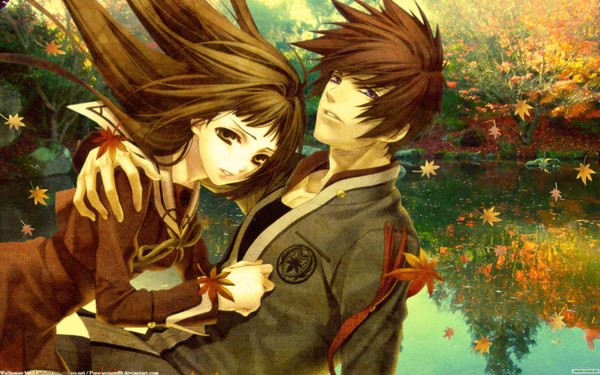 Anime picture 1920x1200 with hiiro no kakera kasuga tamaki onizaki takuma yone kazuki long hair highres short hair brown hair wide image purple eyes brown eyes reflection girl boy uniform plant (plants) school uniform tree (trees) water autumn leaves