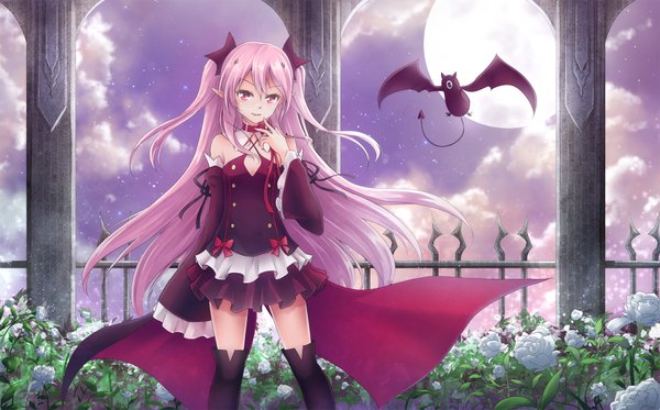 Anime picture 1900x1182 with owari no seraph wit studio kururu tepes arukanu asakurashinji single long hair blush highres red eyes wide image pink hair pointy ears two side up vampire girl dress detached sleeves animal moon