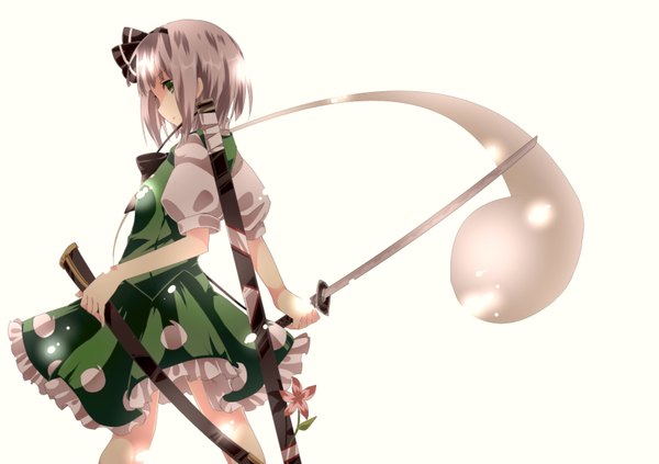 Anime picture 1700x1200 with touhou konpaku youmu lazuli izayoi single short hair simple background white background green eyes silver hair ghost girl flower (flowers) weapon sword frills katana