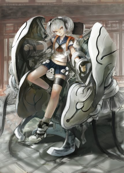 Anime picture 1555x2174 with asme (m a l d o) single tall image short hair green eyes grey hair girl serafuku headphones school bag wire (wires) mecha