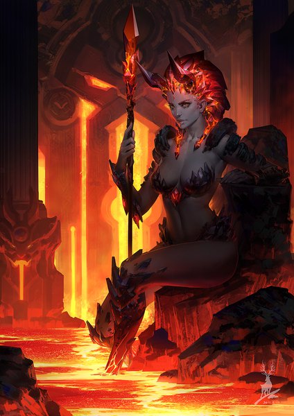 Anime picture 1414x2000 with original feihong chen single tall image looking at viewer breasts light erotic sitting yellow eyes red hair horn (horns) eyebrows demon girl lava girl weapon spear