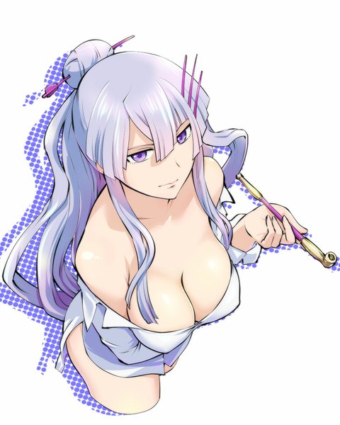 Anime picture 800x1000 with heavy object j.c. staff frolaytia capistrano ueyama michirou single long hair tall image looking at viewer fringe breasts light erotic simple background large breasts white background purple eyes bare shoulders payot cleavage purple hair light smile