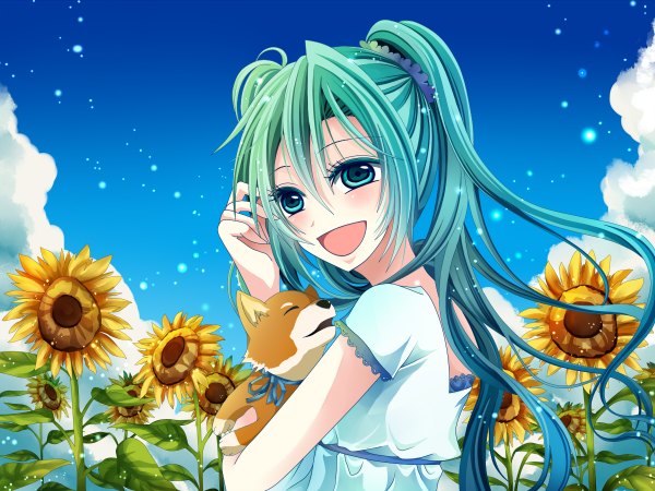Anime picture 1200x900 with vocaloid hatsune miku green eyes green hair girl dog
