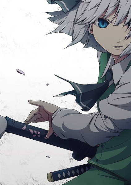 Anime picture 849x1202 with touhou konpaku youmu sukoburu maeda single tall image looking at viewer fringe short hair blue eyes simple background white background silver hair girl skirt uniform weapon school uniform shirt petals sword