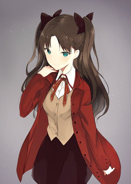 Anime picture 650x914 with fate (series) fate/stay night toosaka rin lpip single long hair tall image looking at viewer blush fringe simple background smile brown hair twintails green eyes arm up grey background girl skirt ribbon (ribbons)