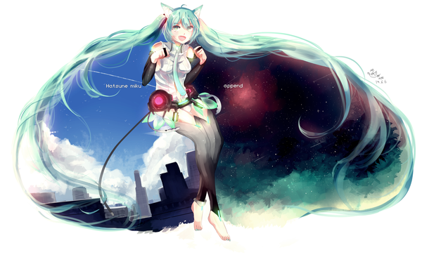 Anime picture 2800x1711 with vocaloid vocaloid append hatsune miku hatsune miku (append) hzrn (ymj924) single looking at viewer highres open mouth wide image animal ears very long hair aqua eyes cat ears aqua hair girl thighhighs detached sleeves necktie