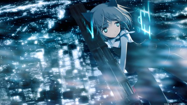 Anime picture 1920x1080 with strike witches sanya v. litvyak single highres short hair blue eyes wide image animal ears grey hair city flying girl weapon necktie gun