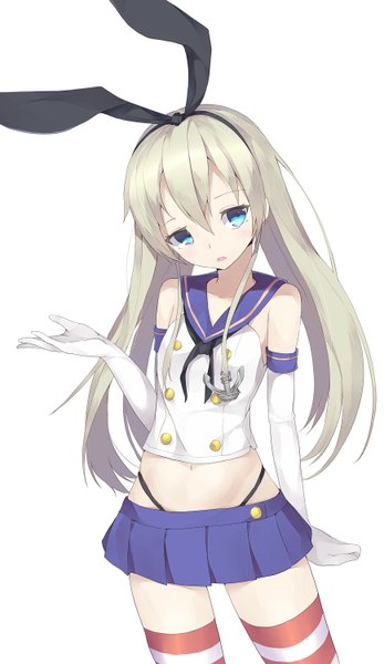 Anime picture 868x1500 with kantai collection shimakaze destroyer kuroito (snowflyer) single long hair tall image blush open mouth blue eyes blonde hair simple background white background zettai ryouiki girl thighhighs skirt gloves navel hair ornament ribbon (ribbons)