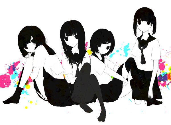 Anime picture 1000x733 with original mamiya chiyoko long hair looking at viewer fringe short hair black hair sitting twintails multiple girls pleated skirt black eyes no shoes kneeling monochrome group girl thighhighs skirt uniform