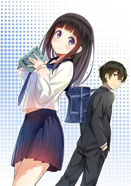 Anime picture 566x800 with hyouka kyoto animation chitanda eru oreki houtarou shitou (1992116210) long hair tall image looking at viewer blush short hair black hair smile purple eyes pleated skirt looking back turning head hand in pocket girl boy skirt