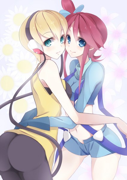 Anime picture 1000x1412 with pokemon pokemon black and white nintendo elesa (pokemon) skyla (pokemon) kisaichi jin tall image looking at viewer blush short hair blue eyes light erotic blonde hair smile bare shoulders multiple girls ass red hair aqua eyes sleeveless